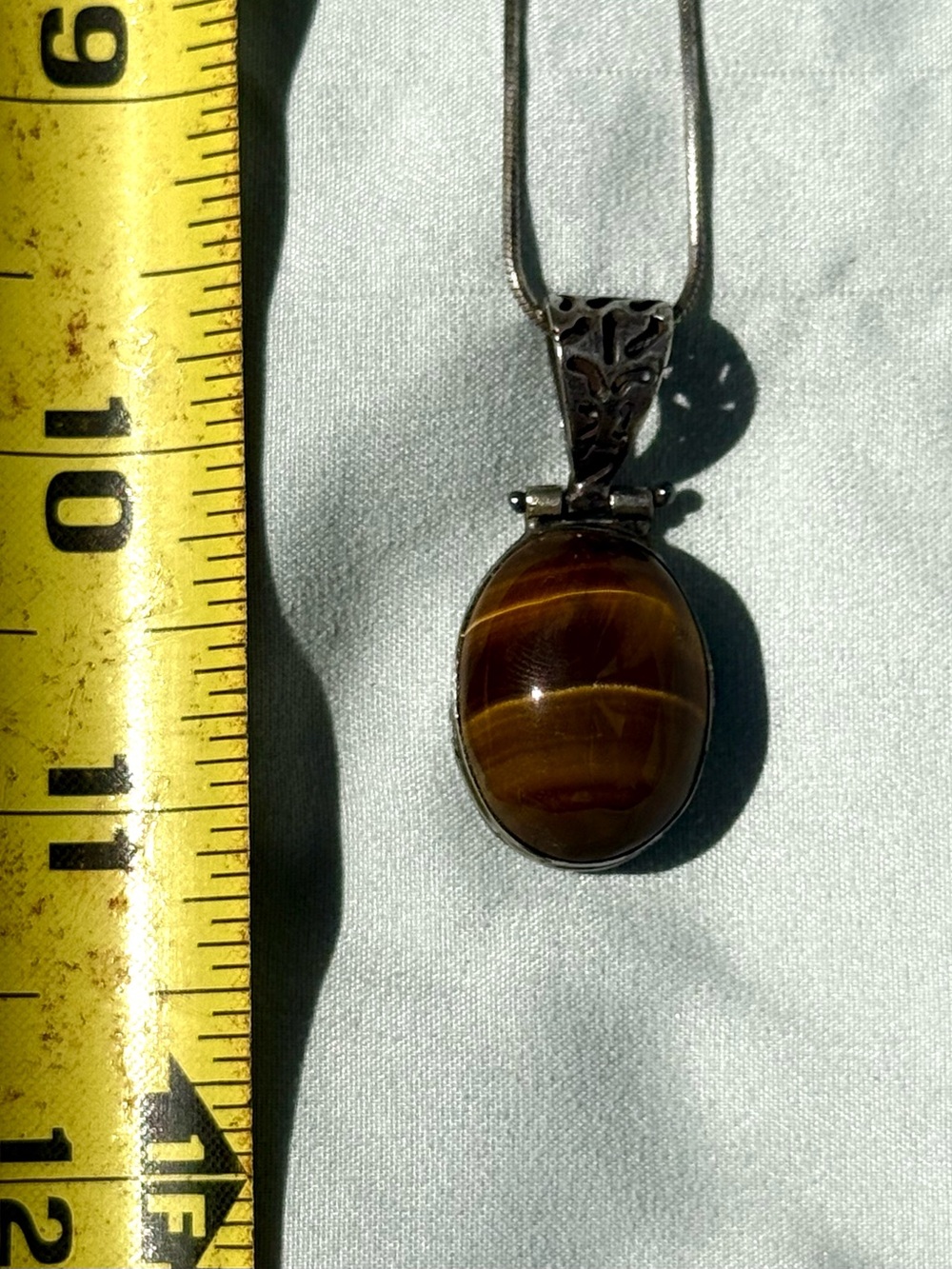 Tiger's Eye Oval Pendant set in Sterling with Sterling Chain - Picture 2 of 7